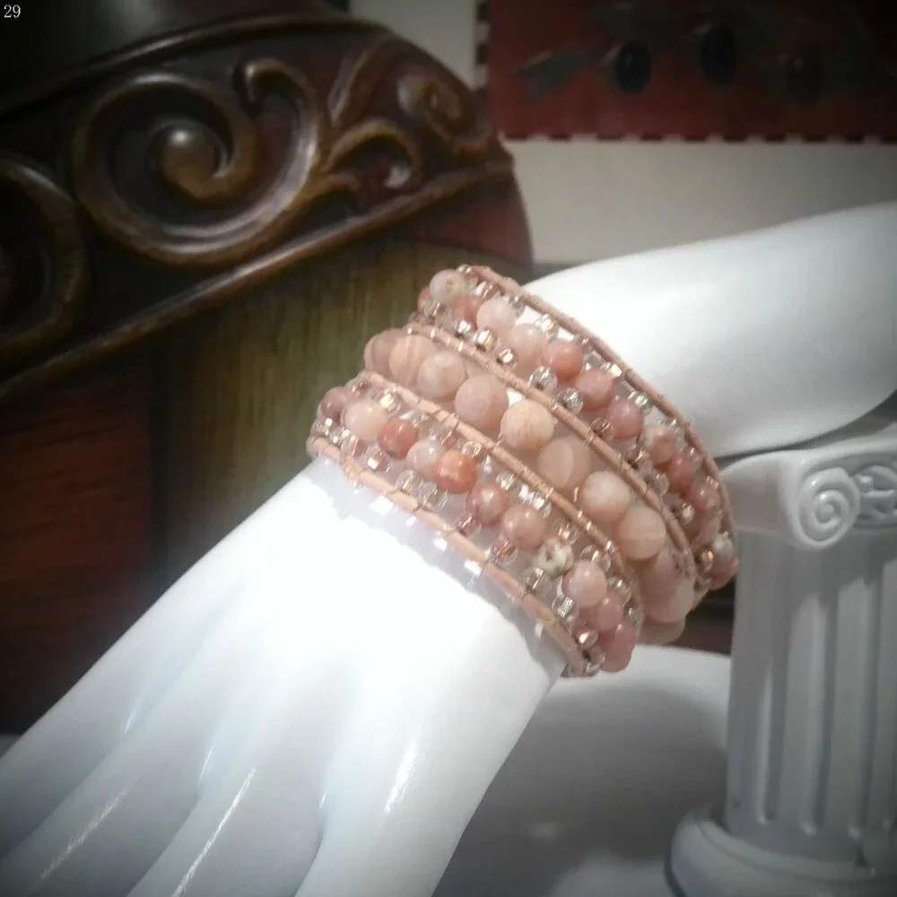 BLING-UP Beige Leather Bracelet (3) Rows Sandstone & Pale Peach Beads 7 1/4"_3